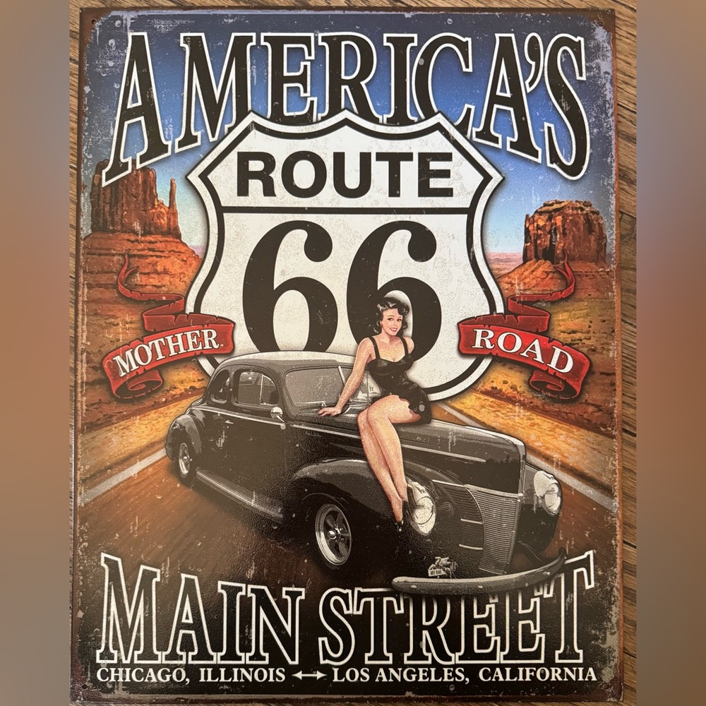 Route 66 Vintage Car Pin-Up Metal Sign - Black Car